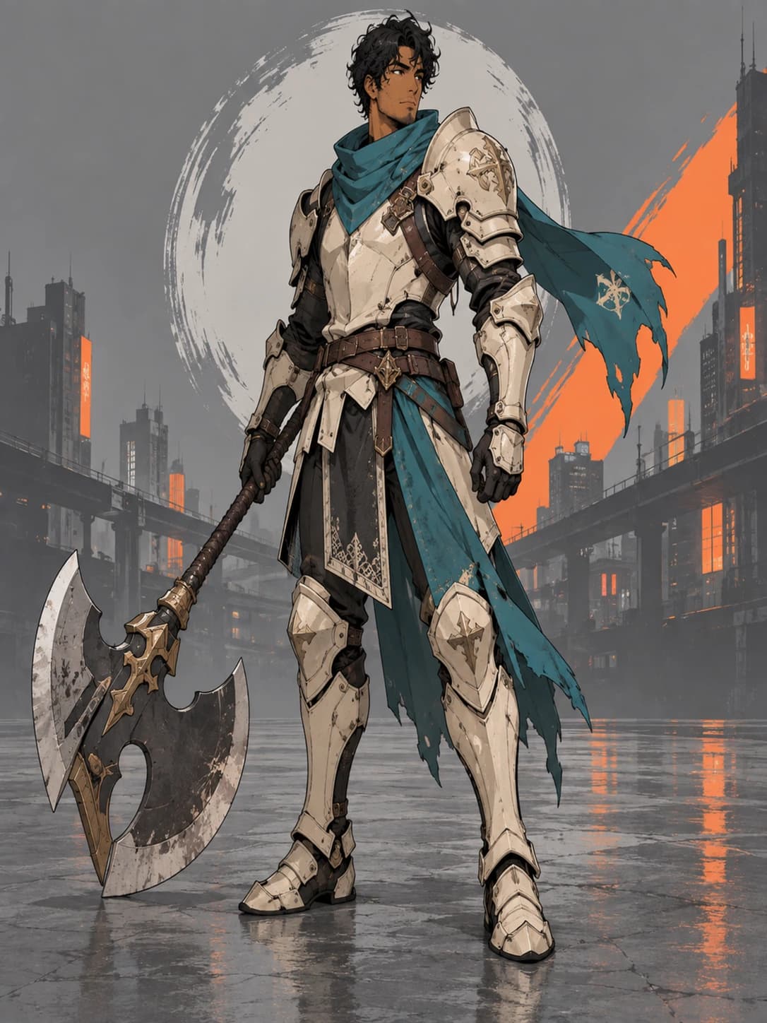 Cel-shaded prepared illustration of the same adult axe knight with cream plate armor and a broad axe.