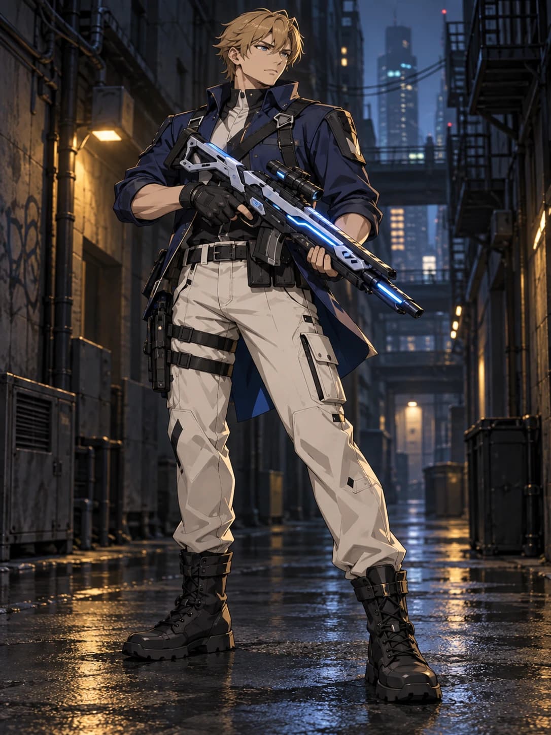 Before: an urban gunslinger holding an energy carbine.