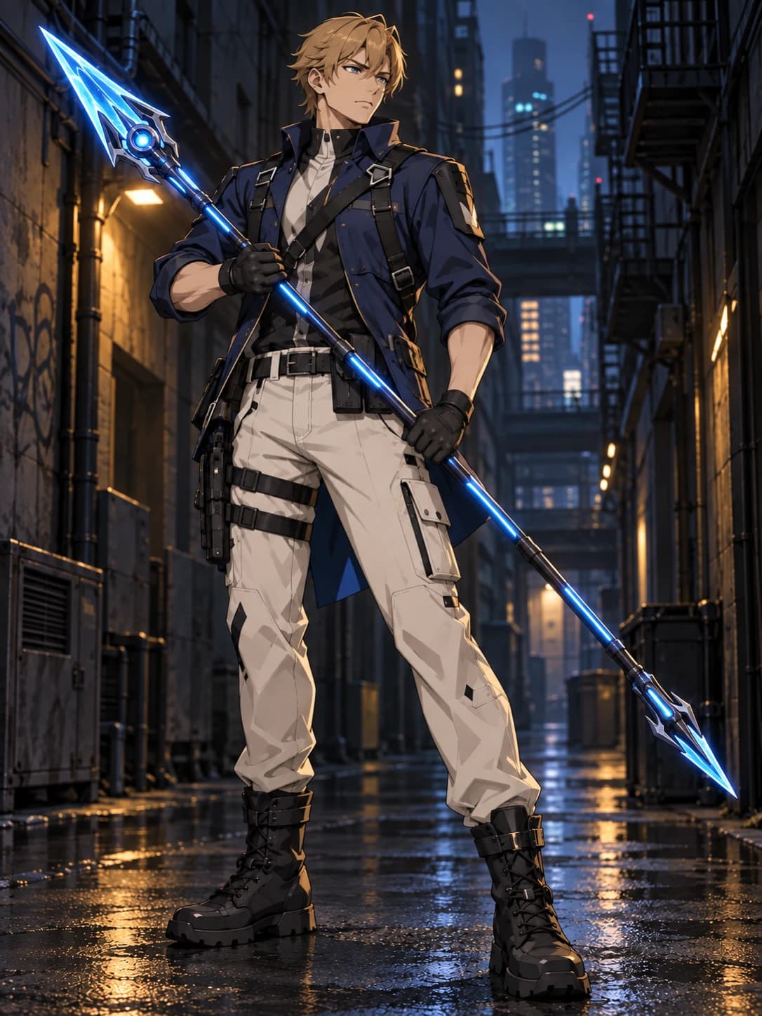 After: the same gunslinger holding an energy spear, with pose, outfit and background unchanged.