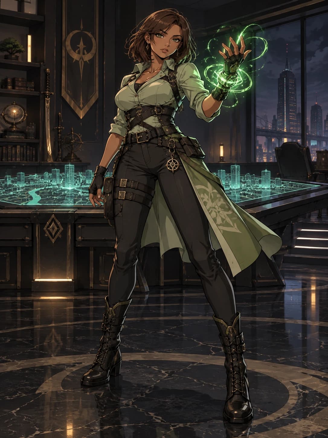 Before: a cyber mage with chestnut hair and a glowing wrist focus in a command room.