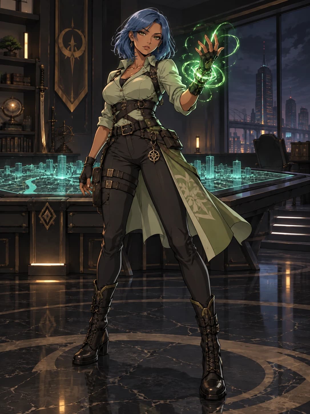 After: the same cyber mage with soft blue hair, with face, outfit, wrist focus and command room unchanged.