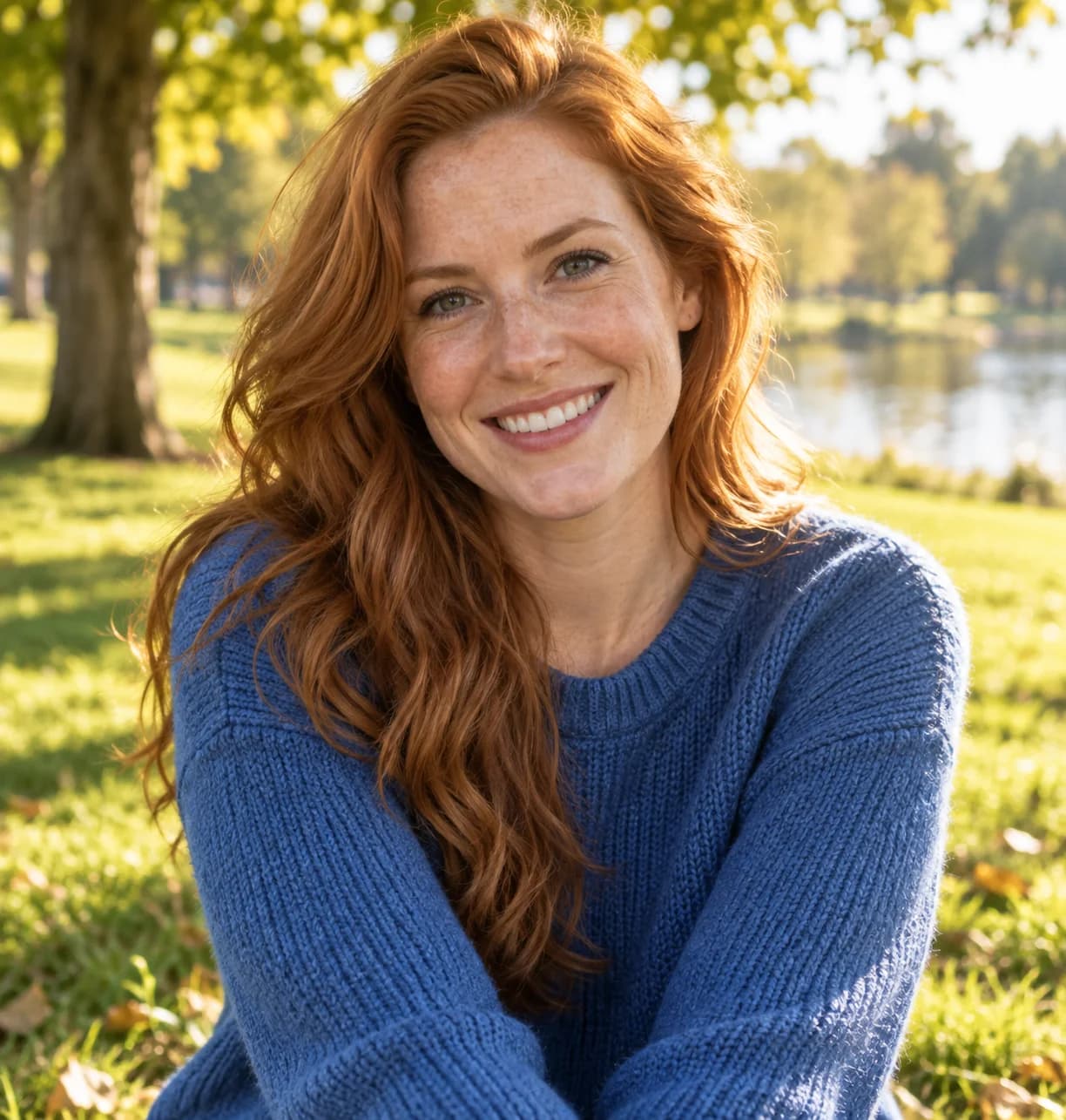 A cheerful red-haired adult woman in a natural source portrait