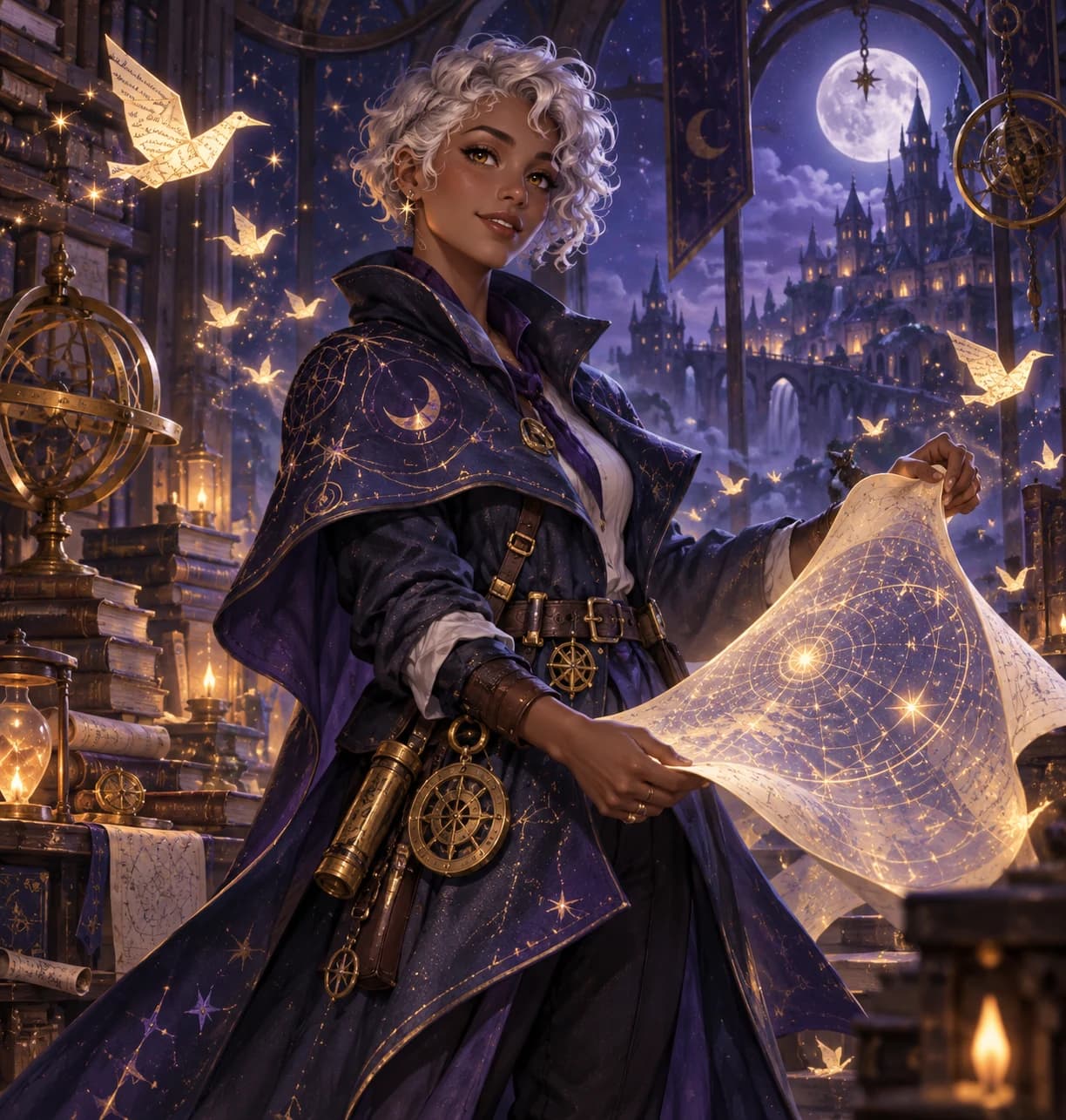 An original celestial cartographer holding a luminous star map