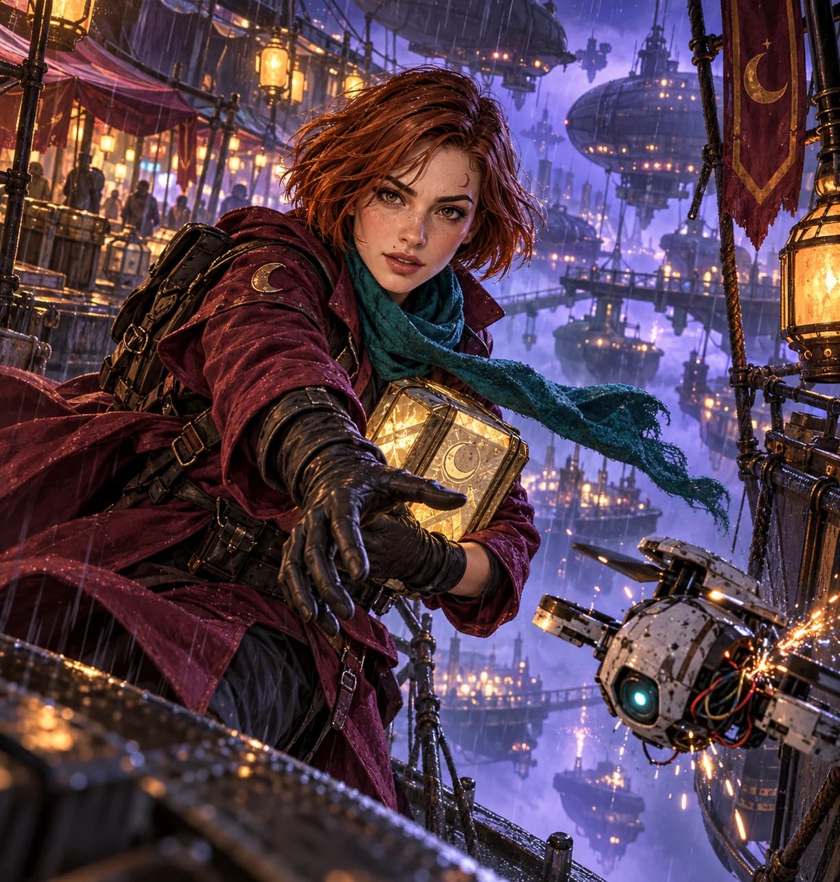 A copper-haired courier protecting a glowing parcel in her next adventure