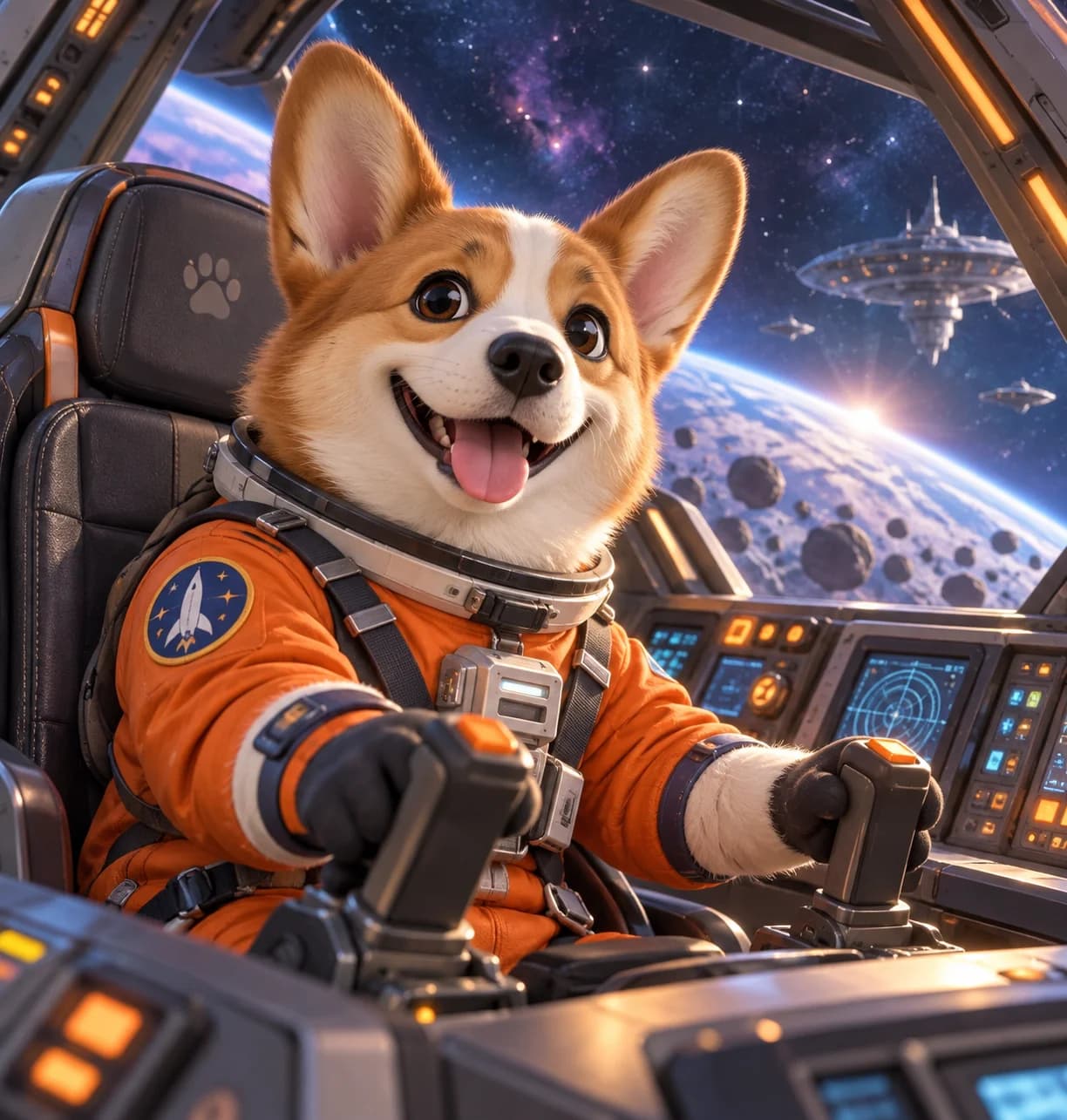 An illustrated corgi space pilot