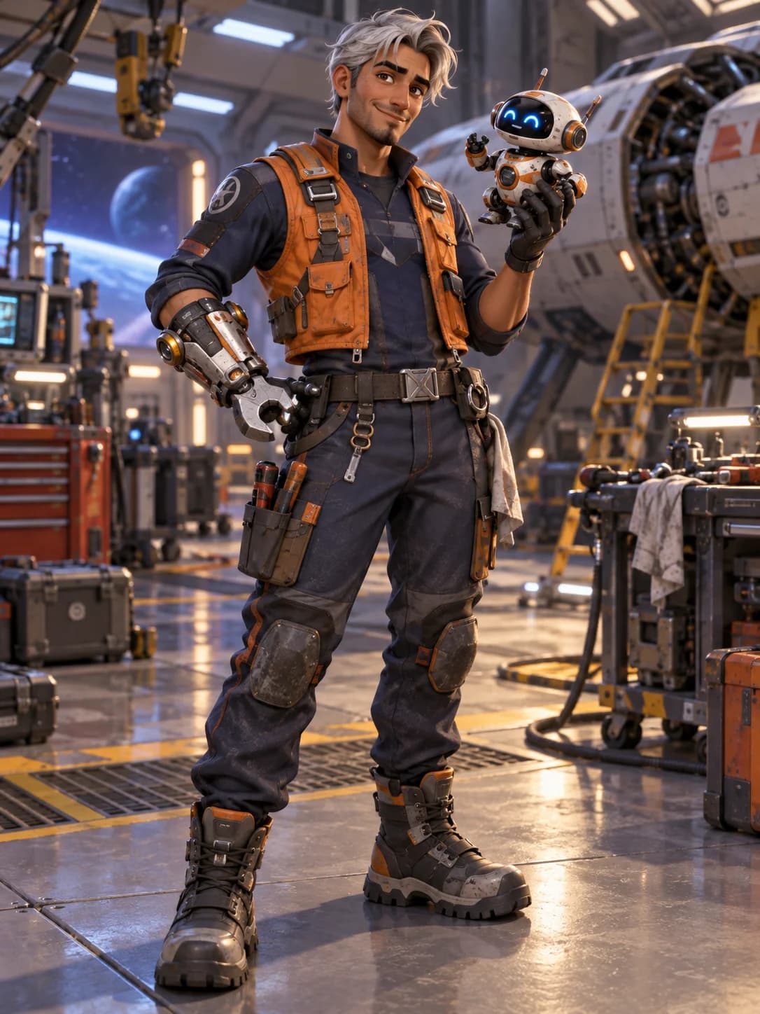 Prepared illustrated character: the same adult silver-haired space mechanic.