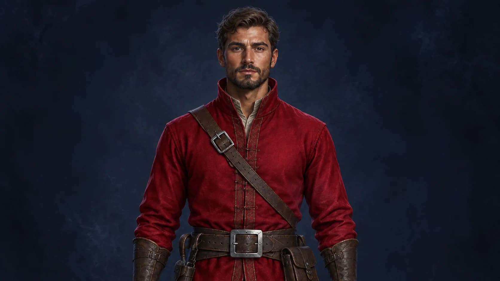 Prepared follow-up edit: the same adventurer wearing a crimson tunic.