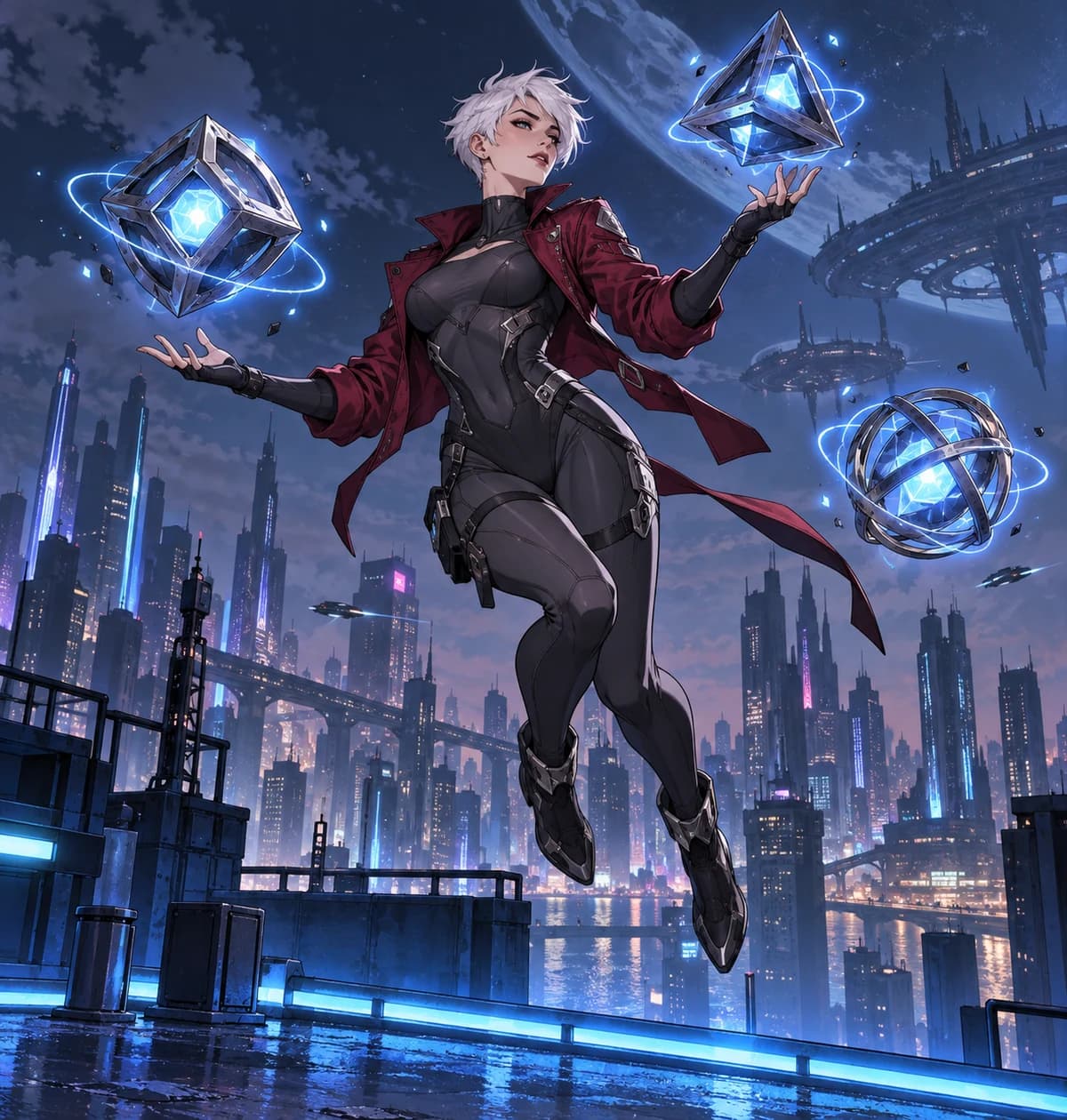A white-haired gravity adventurer guiding luminous satellites above the city