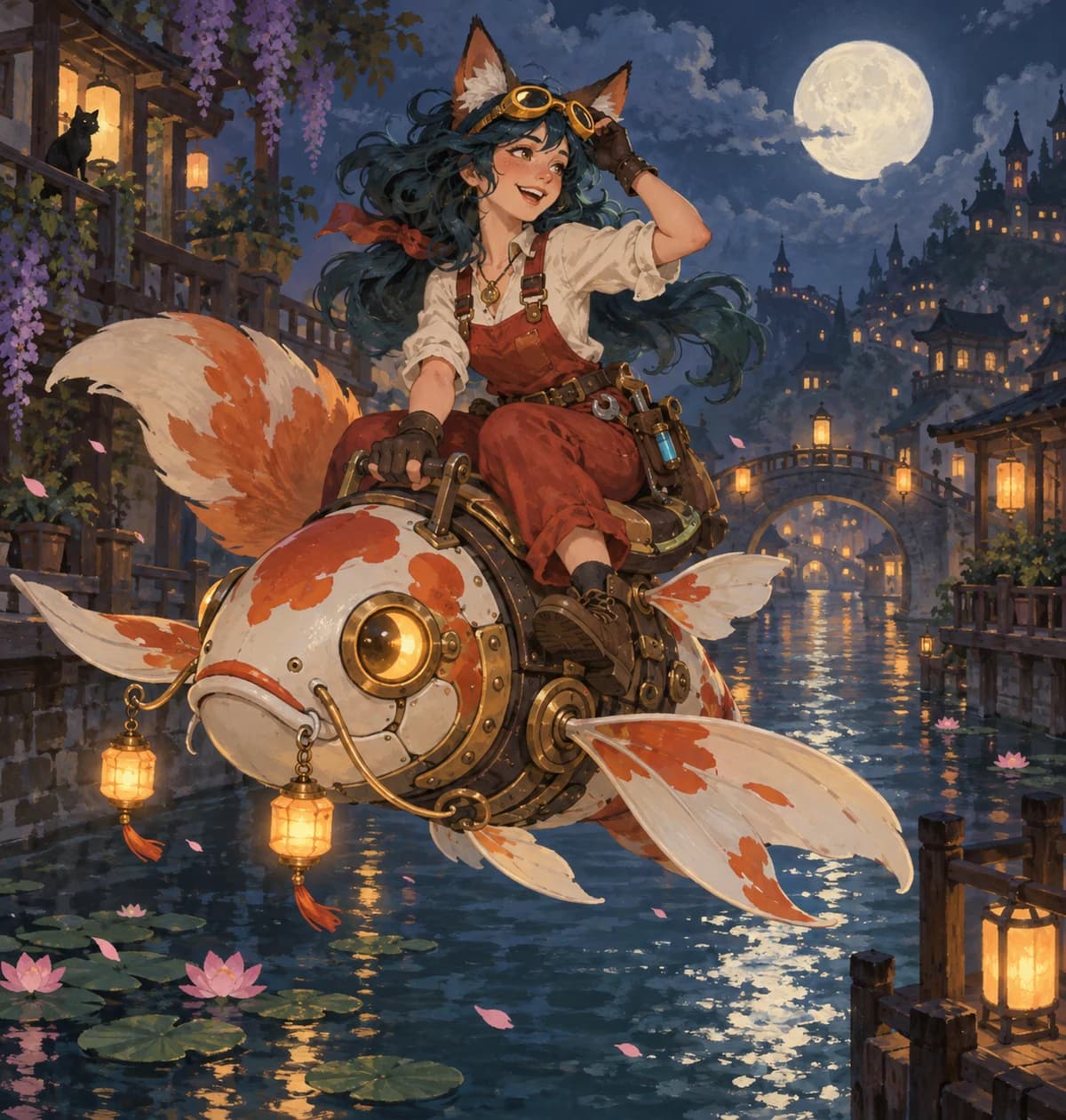 A fox-eared inventor riding a mechanical koi through a moonlit canal