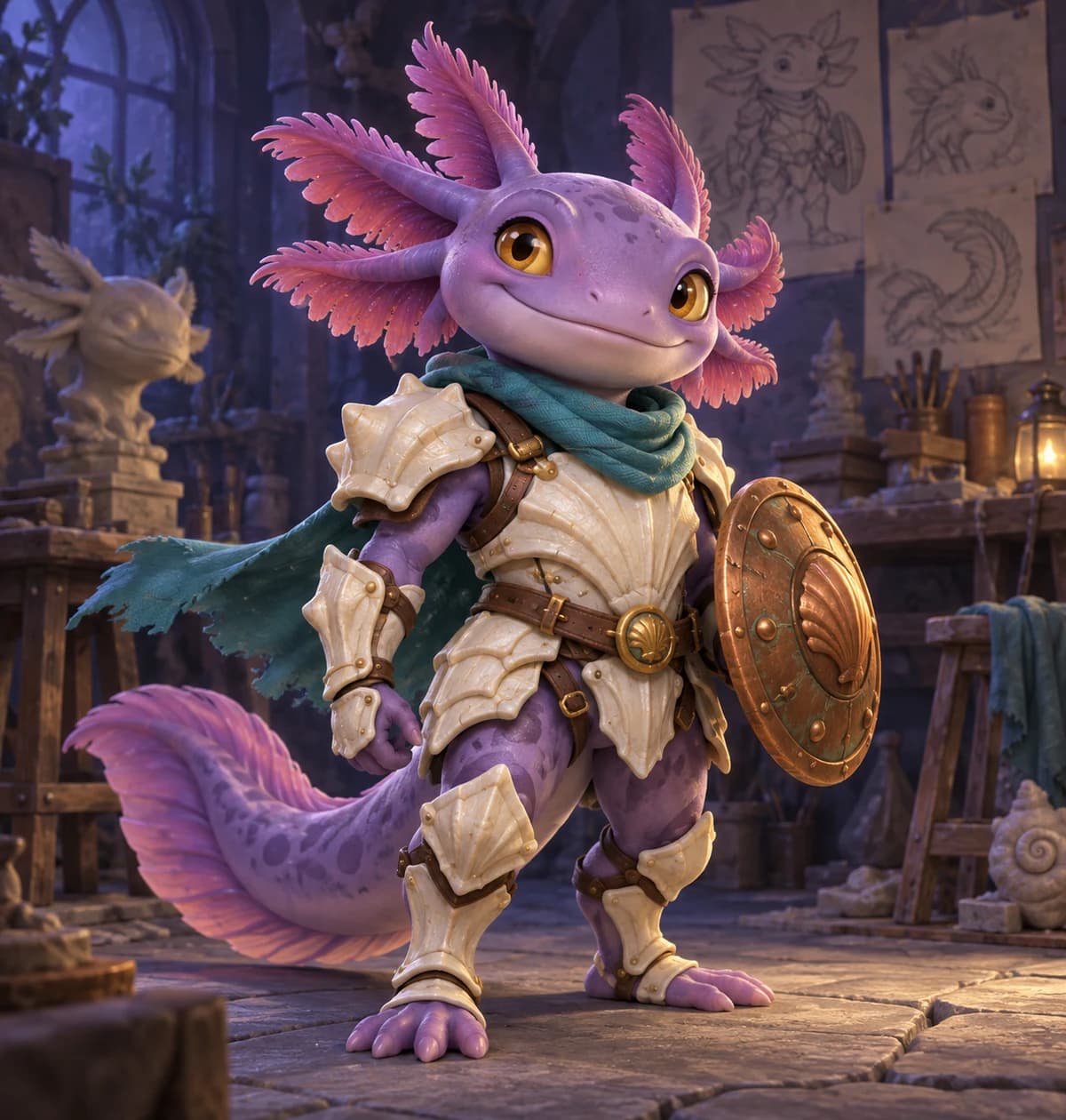 A purple axolotl knight with clear armor and silhouette details