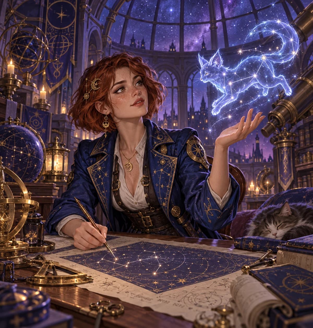 An auburn-haired star-map maker bringing a constellation to life