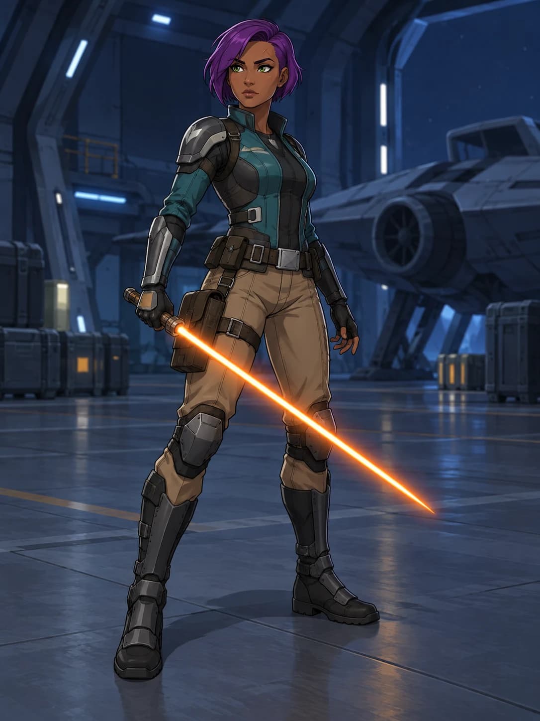 Before: a brown-skinned mech ranger with short purple hair holding an orange energy sword.