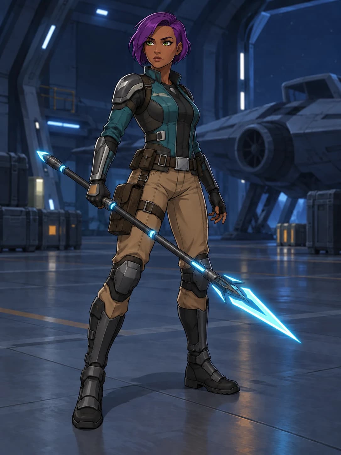 After: the same ranger holding a cyan spear.