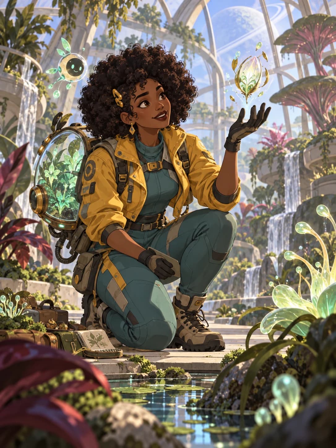 A young adult space botanist with dark skin, curly hair, a yellow jacket and a glowing plant backpack.