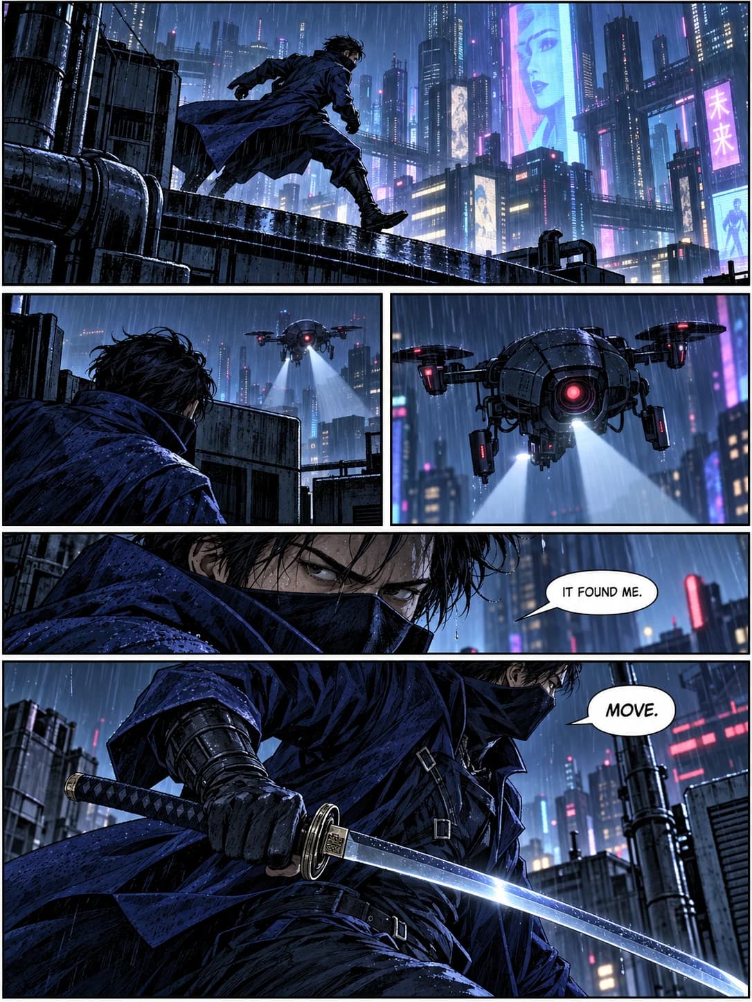 A complete comic page of a masked male indigo swordsman escaping across a rain-lit city rooftop.