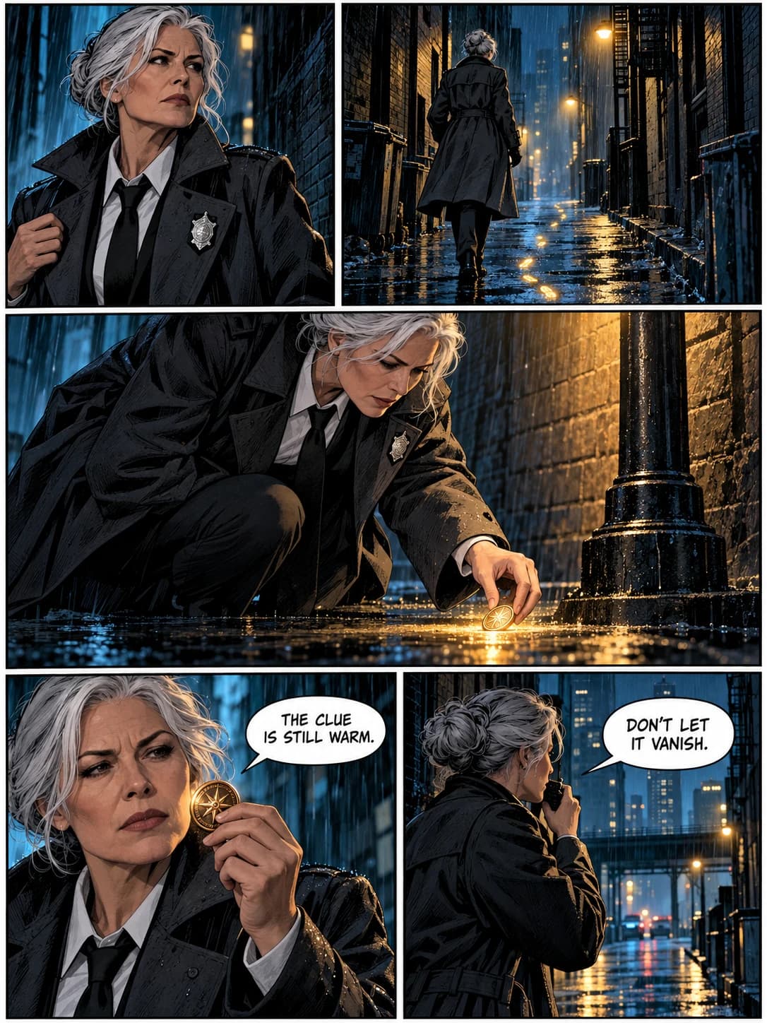 Graphic novel treatment of the same silver-haired detective comic page.