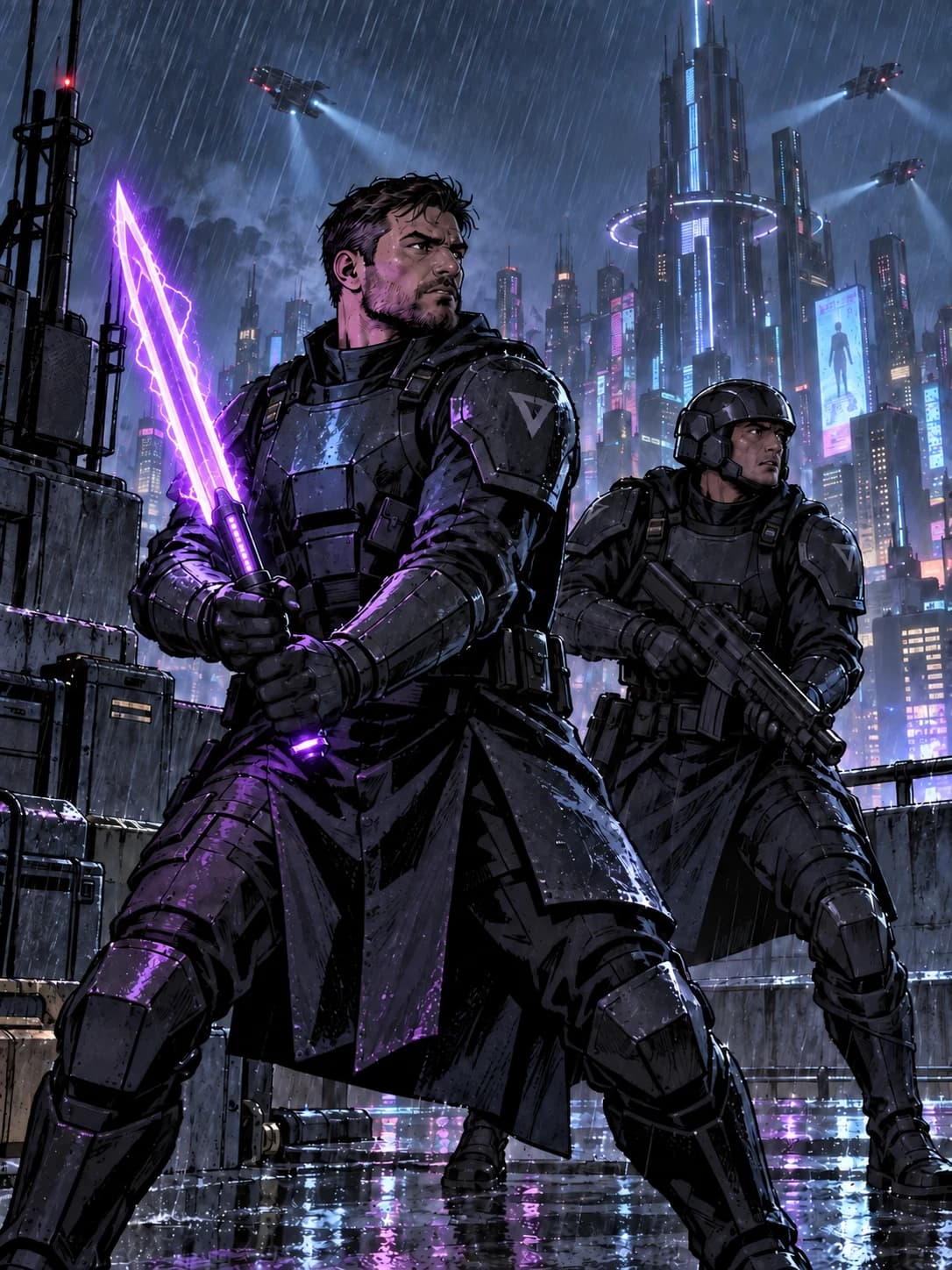 Two armored guards on a rain-lit city rooftop with the original dialogue.