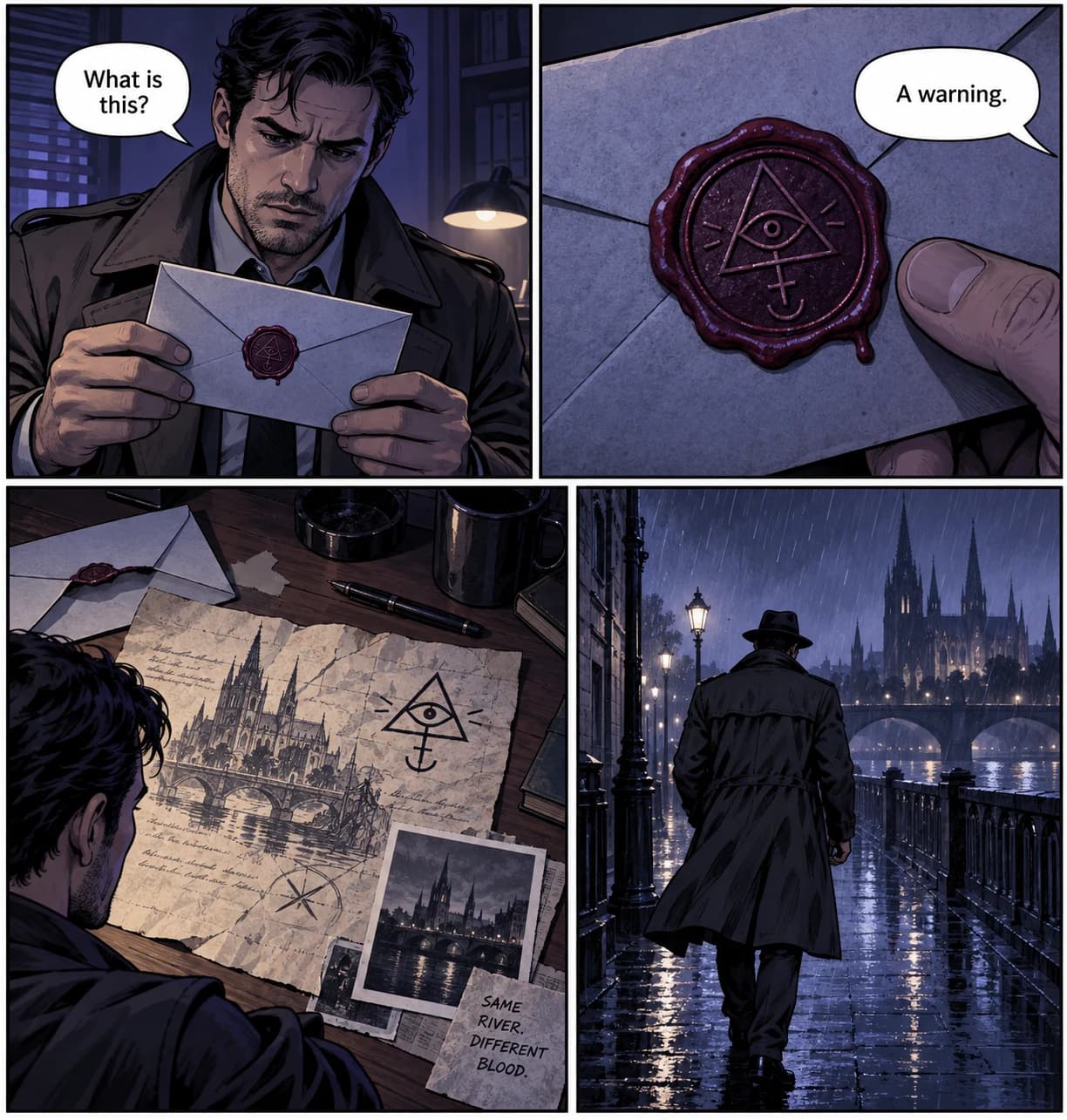 A complete comic page about a detective discovering a mysterious envelope