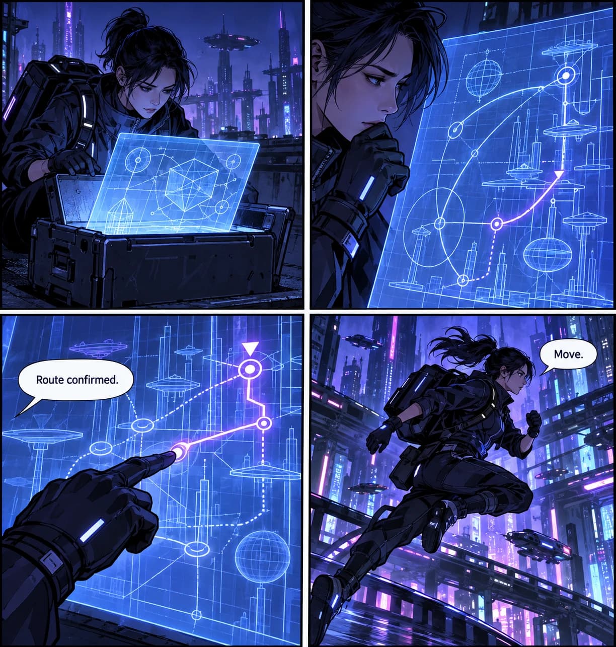 A comic sequence following a courier from a plan into a mission