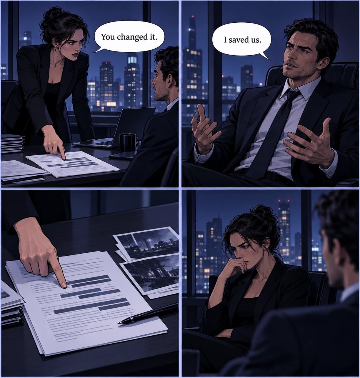 A comic page with speech bubbles and reactions in a tense conversation