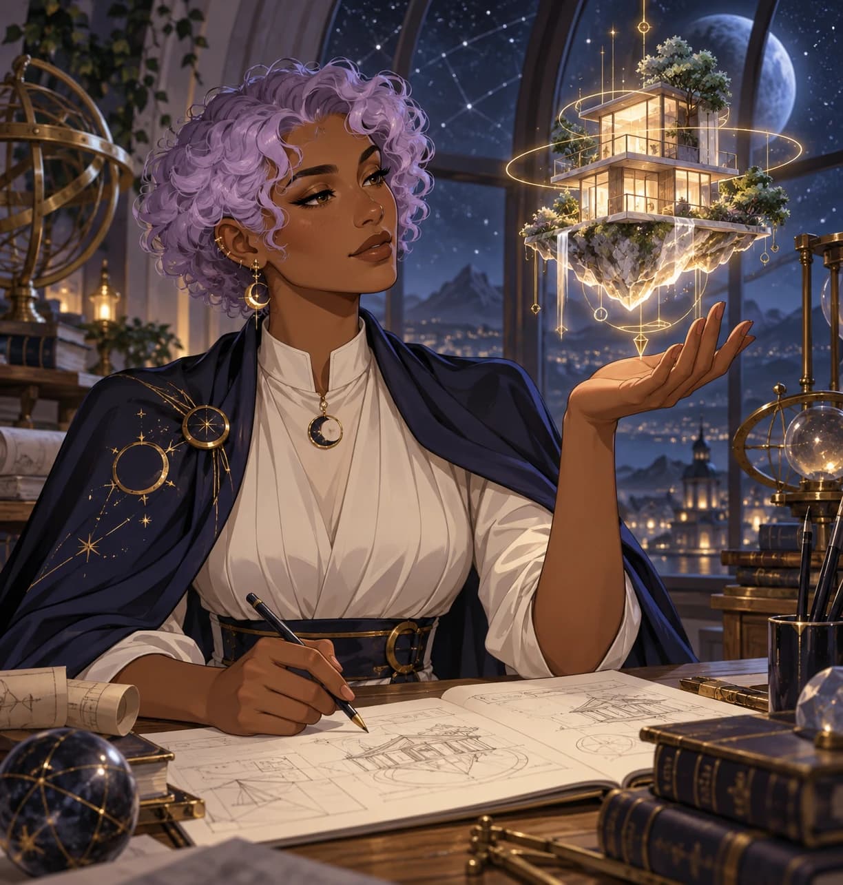 A lavender-haired architect sketching a luminous miniature building in a notebook