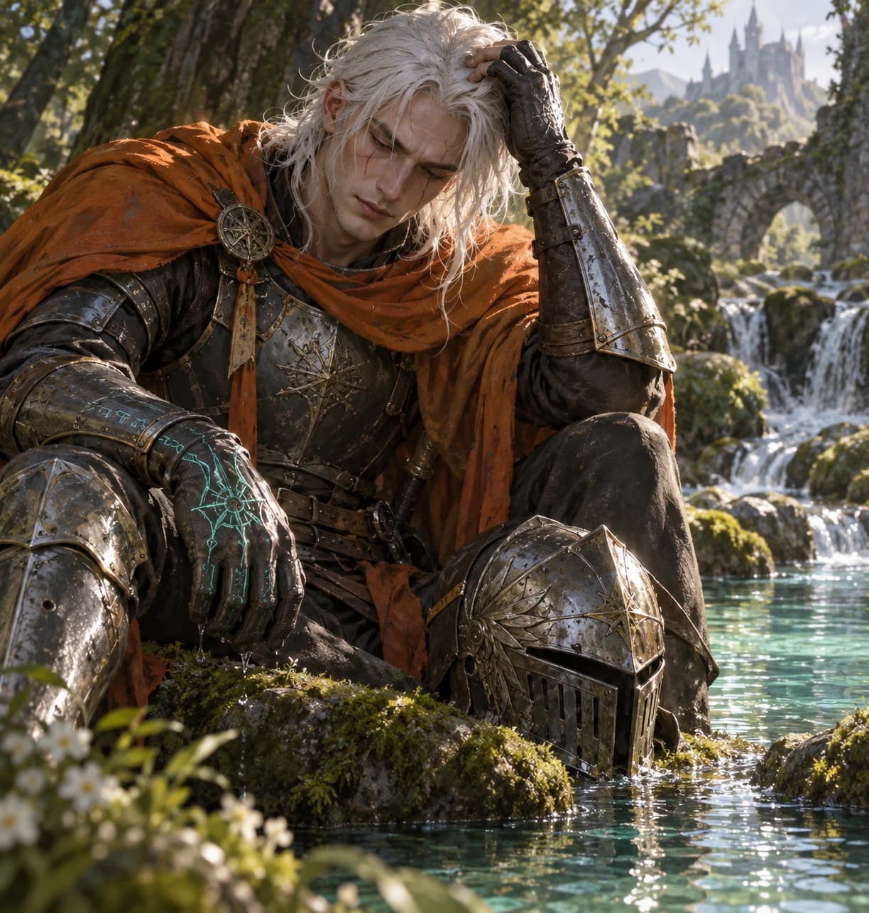 A white-haired knight resting beside a forest stream with his sword and orange scarf