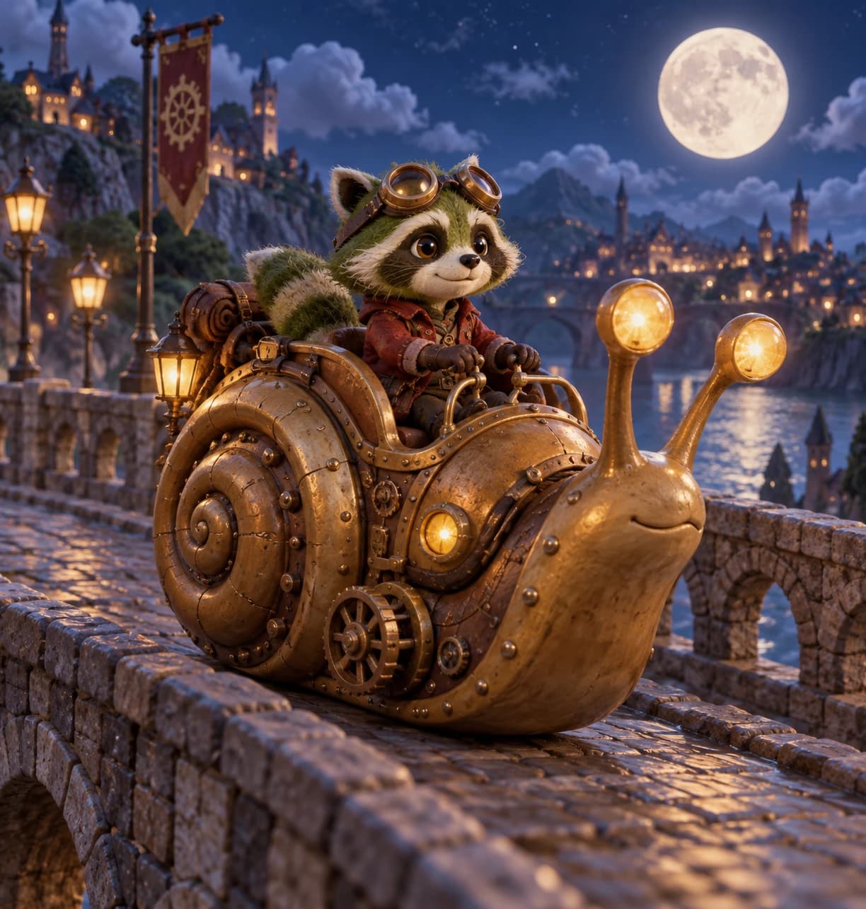 A raccoon courier riding a brass clockwork snail through a lantern-lit street