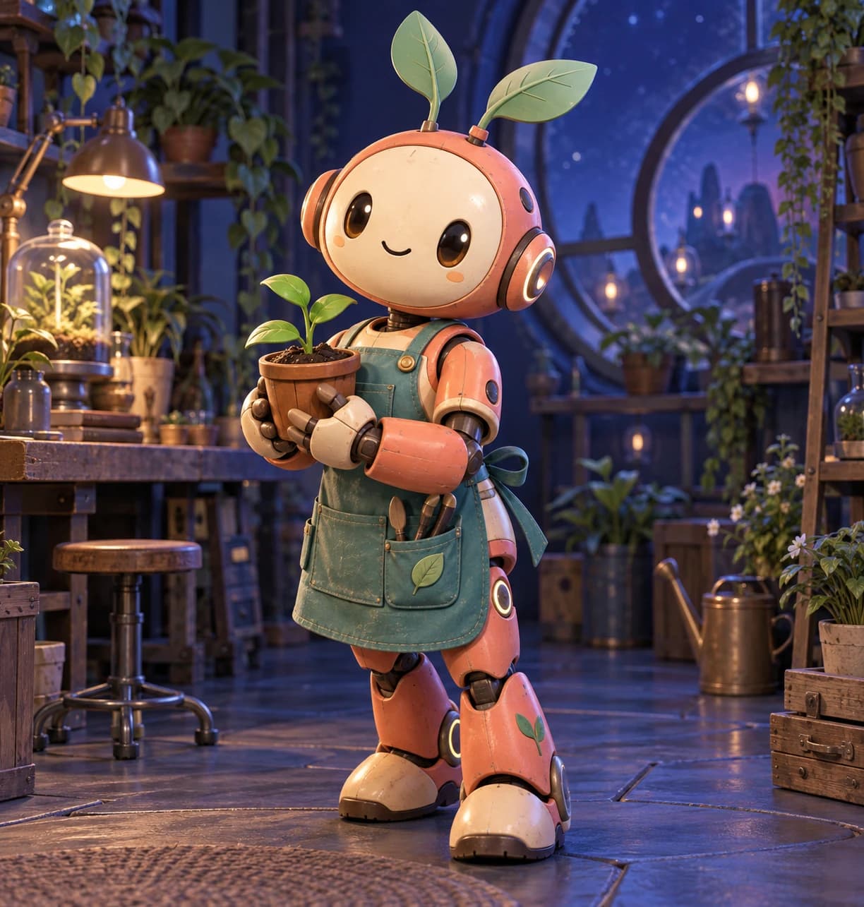 A full-body reference of a little orange botanical robot with a green apron and a seedling