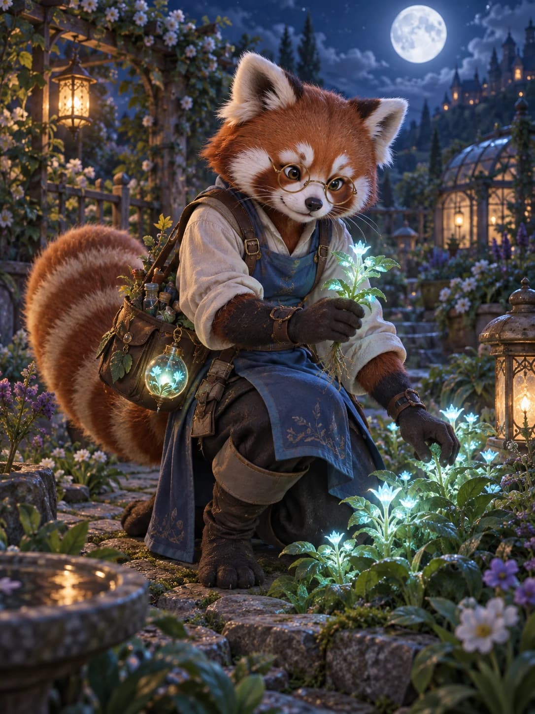 An adult red panda apothecary with rust fur, round glasses, a blue apron and a satchel of glowing herbs.