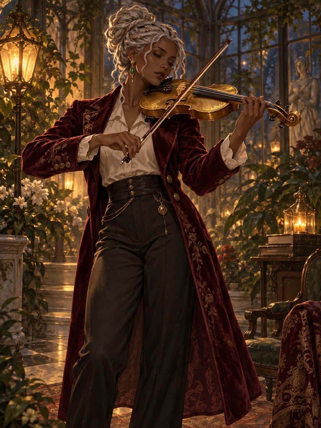 Painterly prepared illustration of the same violinist with silver locs and a golden violin.