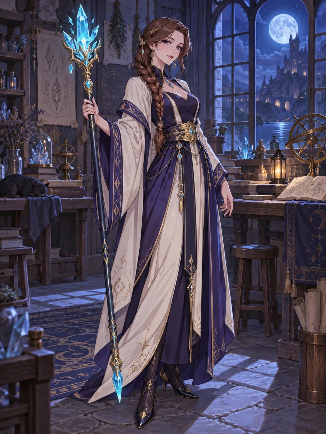 Before: an adult crystal mage with a chestnut braid holding a crystal staff.