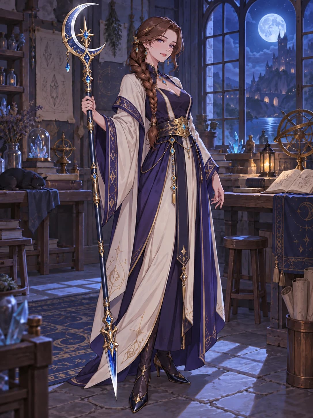 After: the same crystal mage holding a crescent spear, with her pose and outfit unchanged.