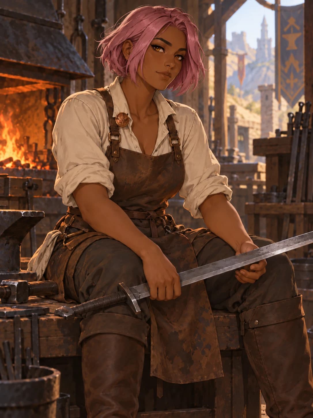 After: the same swordsmith with rose-pink hair, with her face, outfit and scene unchanged.