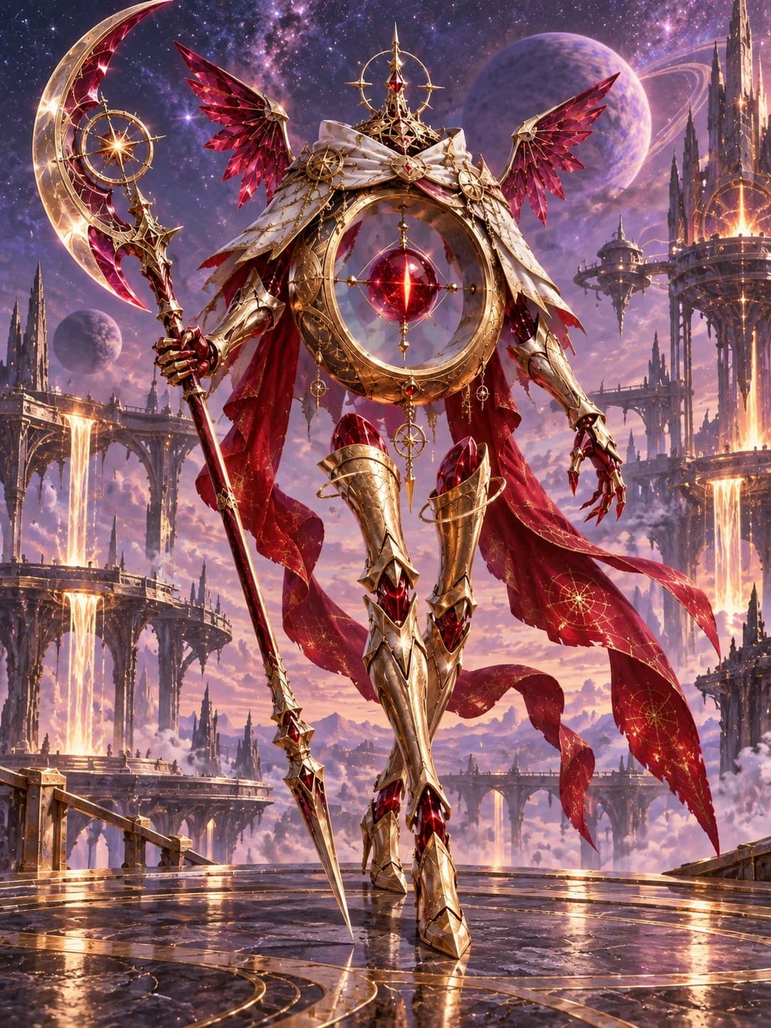 Aurel wearing a white-and-gold battle mantle