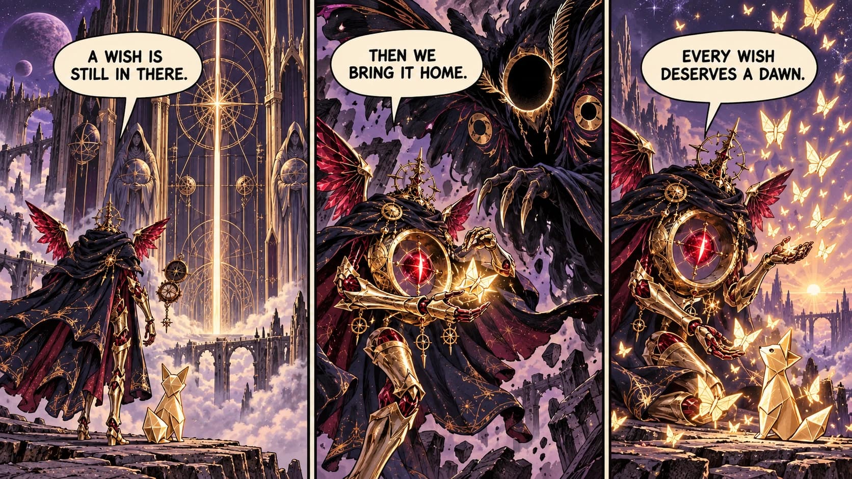 Aurel and the cast continuing their story in comic panels with dialogue