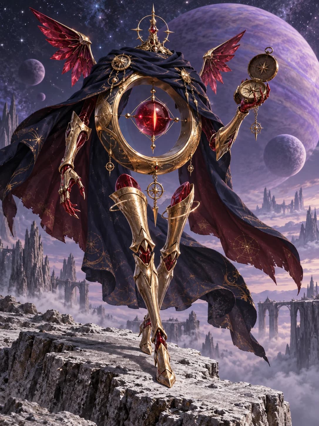 Aurel, a golden ring-bodied angel with a ruby eye and navy cloak