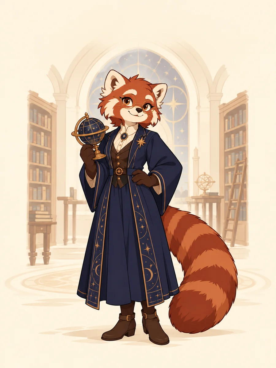 Prepared red panda astronomy librarian study: original design; indigo robe, round glasses and copper-star identity anchors.