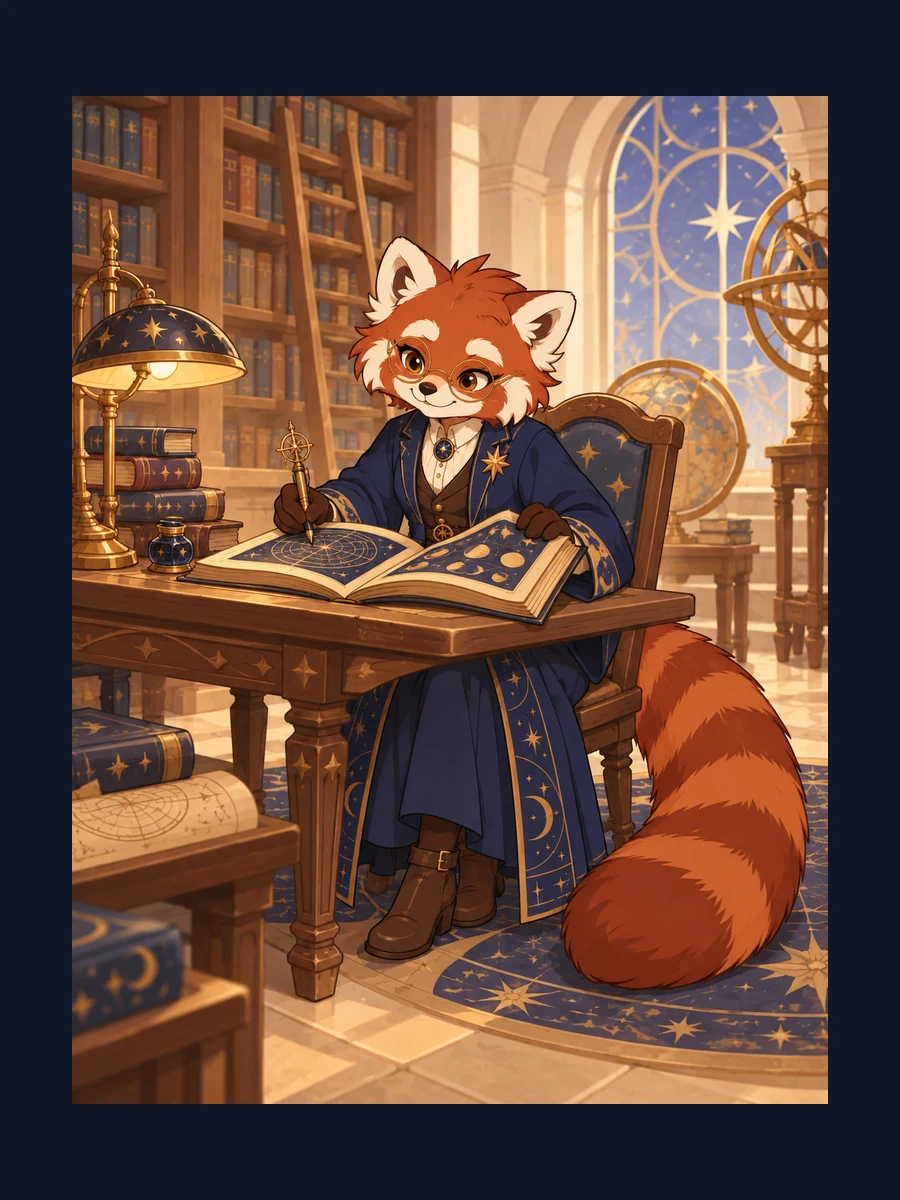 Prepared red panda astronomy librarian study: cataloguing the stars; indigo robe, round glasses and copper-star identity anchors.
