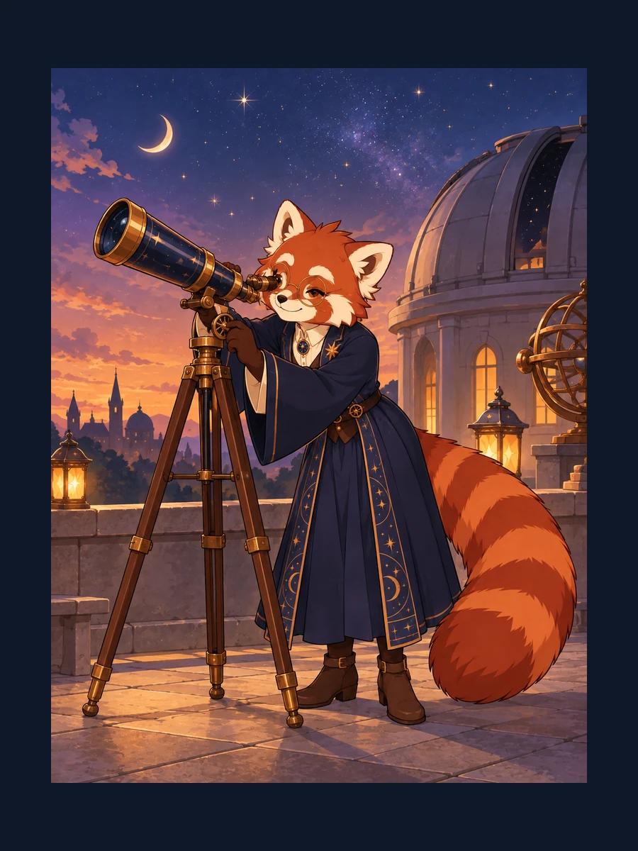 Prepared red panda astronomy librarian study: a rooftop discovery; indigo robe, round glasses and copper-star identity anchors.