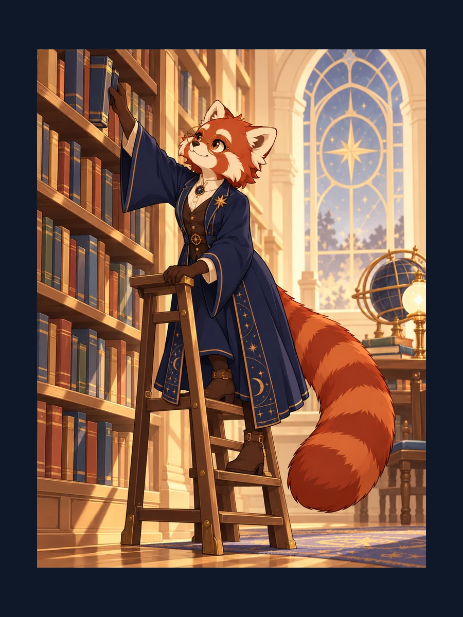 Prepared red panda astronomy librarian study: the next book; indigo robe, round glasses and copper-star identity anchors.