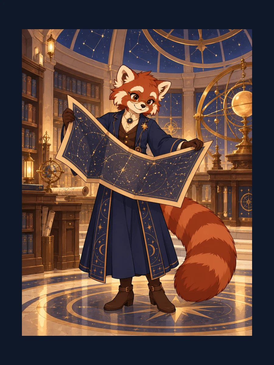 Prepared red panda astronomy librarian study: an unfolded star map; indigo robe, round glasses and copper-star identity anchors.