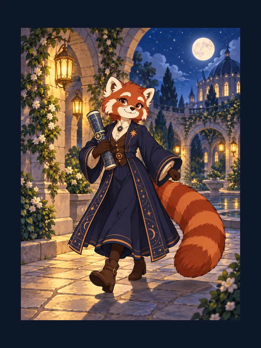 Prepared red panda astronomy librarian study: a midnight delivery; indigo robe, round glasses and copper-star identity anchors.