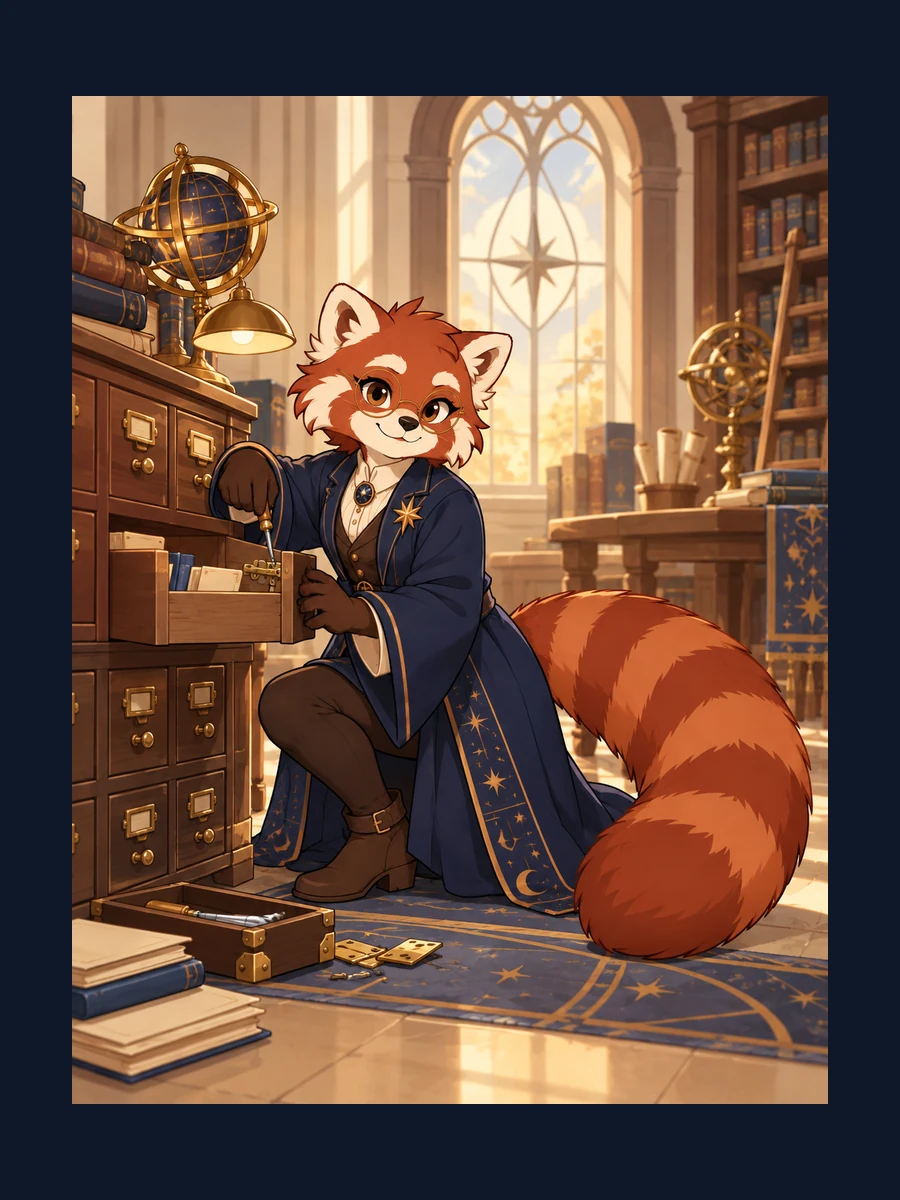Prepared red panda astronomy librarian study: repairing the archive; indigo robe, round glasses and copper-star identity anchors.