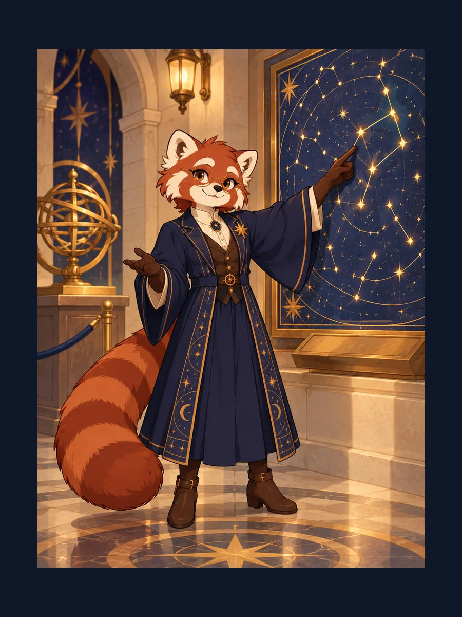 Prepared red panda astronomy librarian study: sharing a discovery; indigo robe, round glasses and copper-star identity anchors.