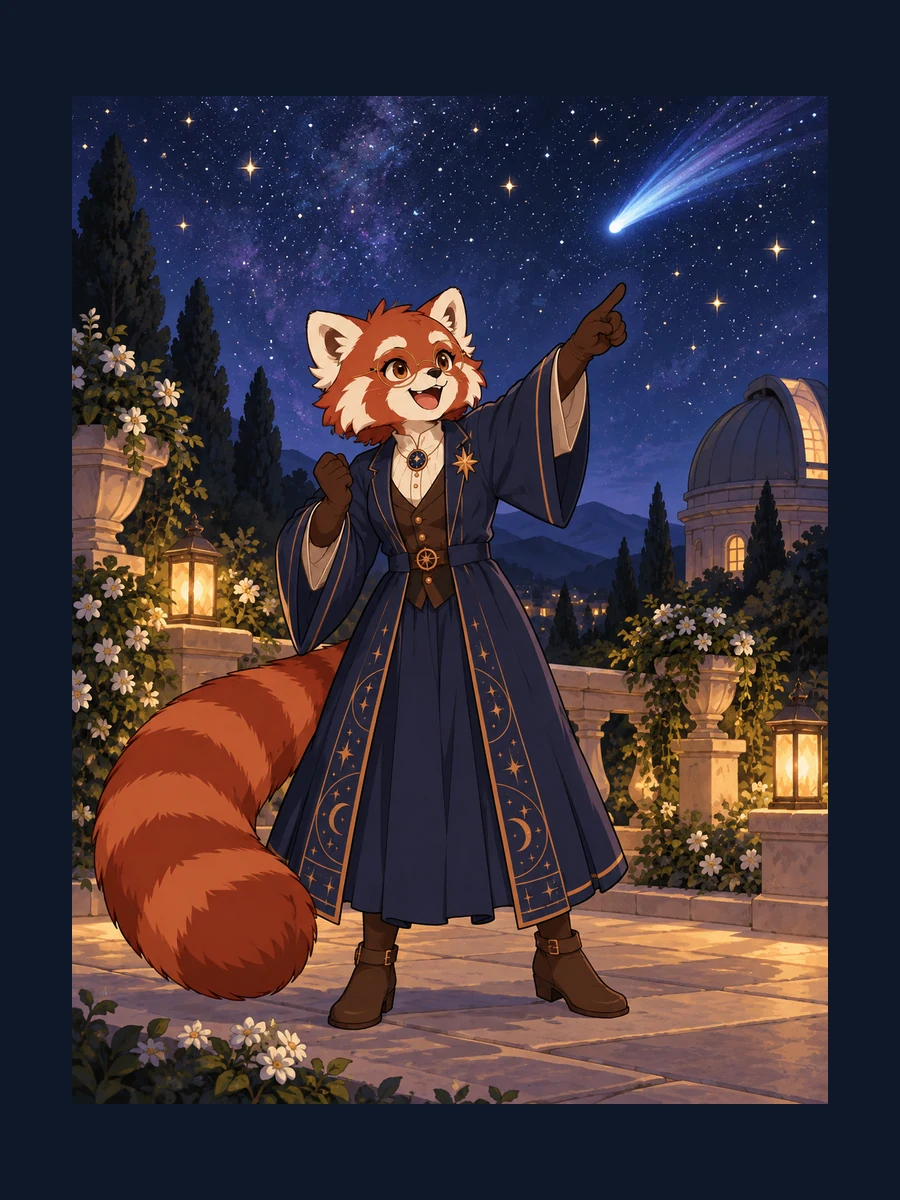 Prepared red panda astronomy librarian study: a comet worth celebrating; indigo robe, round glasses and copper-star identity anchors.