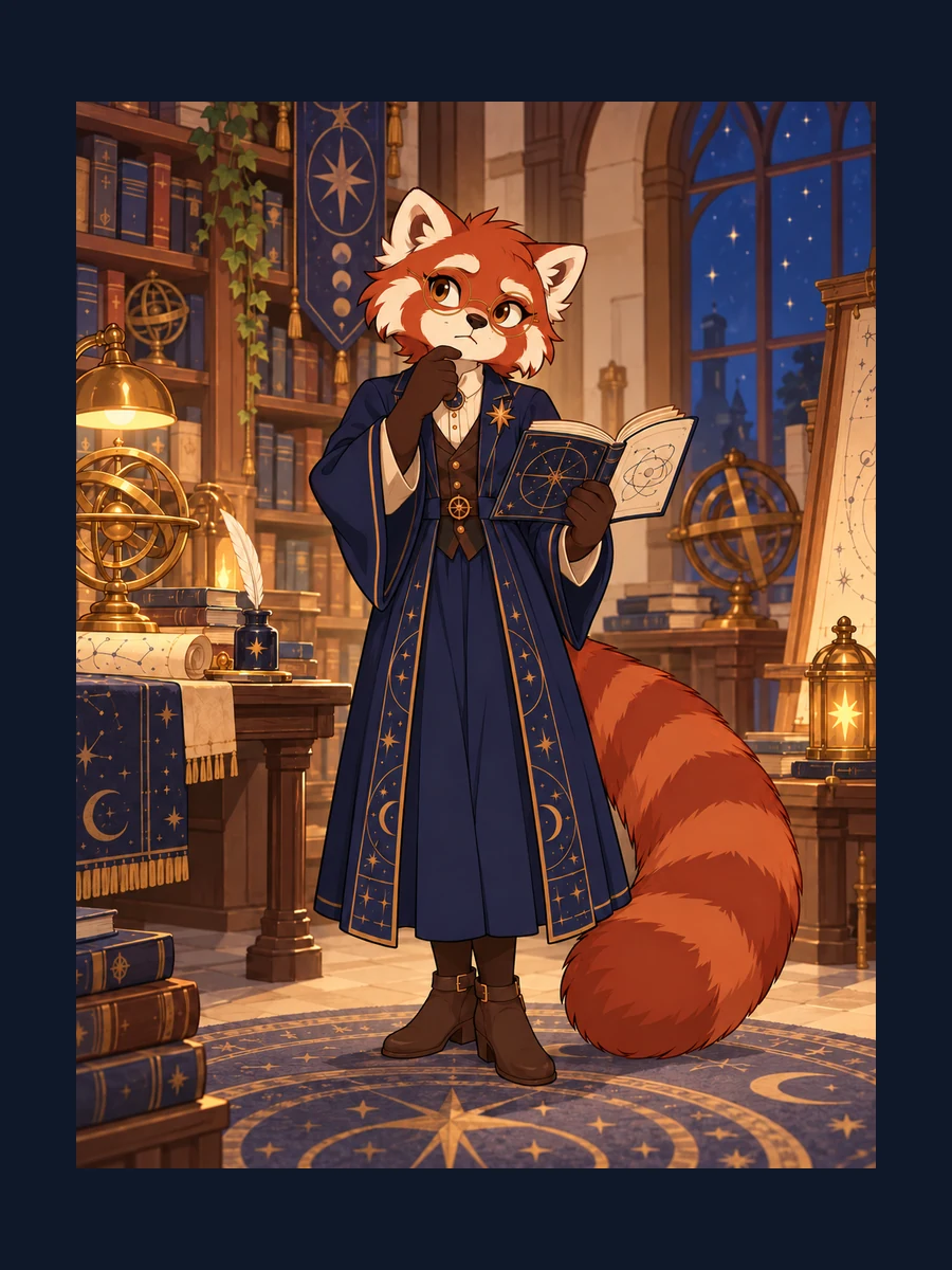 Prepared red panda astronomy librarian study: following a clue; indigo robe, round glasses and copper-star identity anchors.