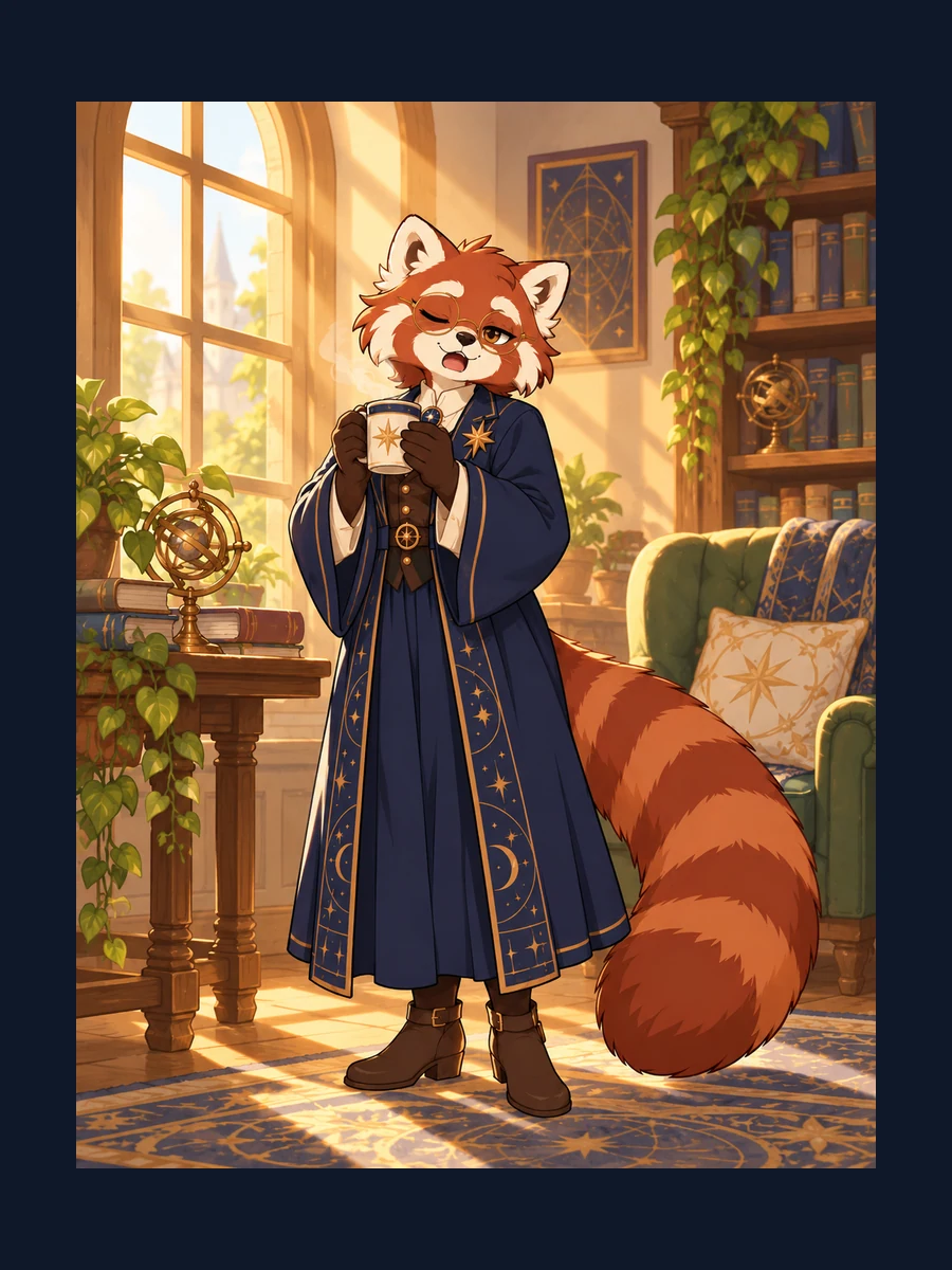 Prepared red panda astronomy librarian study: a sleepy morning; indigo robe, round glasses and copper-star identity anchors.