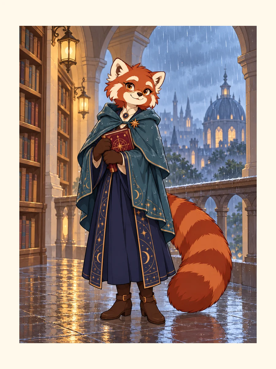 Prepared red panda astronomy librarian study: keeping books dry; indigo robe, round glasses and copper-star identity anchors.