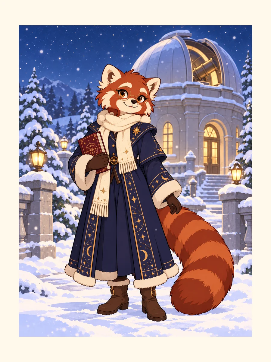 Prepared red panda astronomy librarian study: an observatory winter; indigo robe, round glasses and copper-star identity anchors.