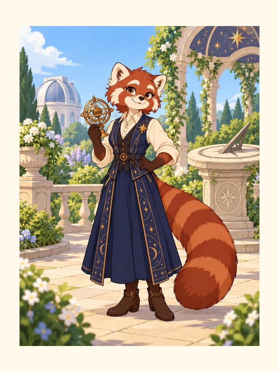 Prepared red panda astronomy librarian study: a summer field trip; indigo robe, round glasses and copper-star identity anchors.